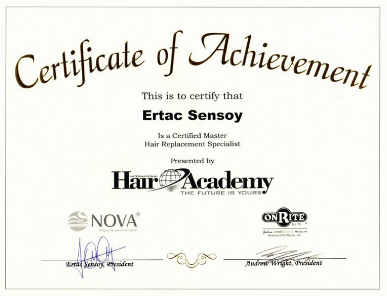 Certificate of Achievement — Master Hair Replacement Specialist